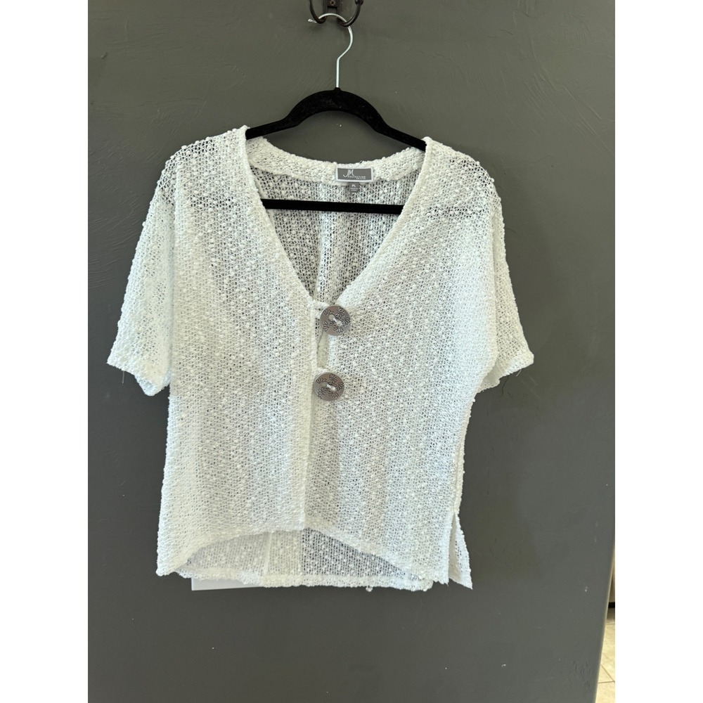 JM Collection Petite White Open Knit Short Sleeve Button Front Cardigan PL